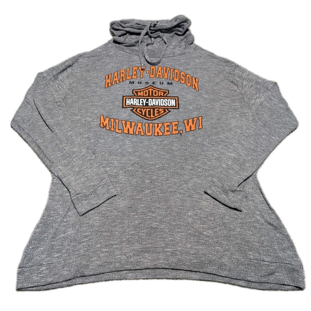 Harley Davidson Museum Pullover Sweatshirt XL Mock Turtleneck Drawstring Gray